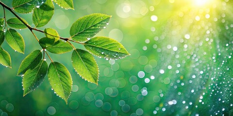 Wall Mural - Dew-covered tree leaves, dew, wet, nature, freshness, green, close-up, macro, detail, morning, translucent, droplets, foliage