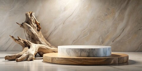 Wall Mural - Elegant marble stone podium with driftwood for product display , marble, stone, podium, product display, driftwood