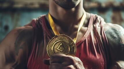 Triumphant Weightlifter Holding Gold Medal of Victory - Muscular Athlete Celebrates Winning Championship with Proud and Determined Expression - Triumphant Weightlifter Holding Gold Medal of Victory - 