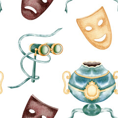 Wall Mural - Seamless pattern with theatre comedy and tragedy masks, opera binoculars, and an antique vase. Vintage hand drawn watercolor illustration isolated on transparent background. For fabrics or wallpapers