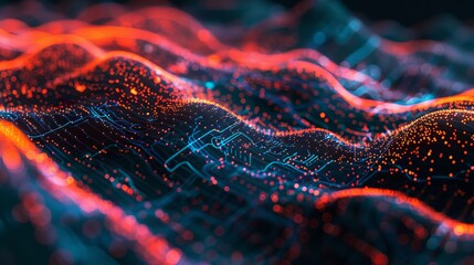 Abstract 3D digital landscape with glowing red and blue particles. Concept of data visualization and futuristic technology.