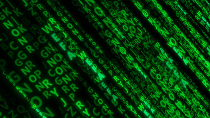 Background from different green letters. Network data transmission concept. 3d render illustration.