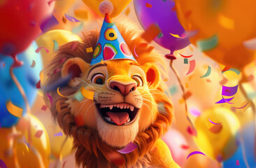 Poster - A lion with a party hat, balloons and confetti around