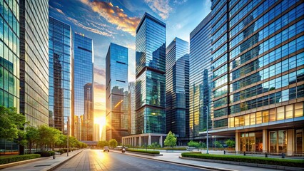 Sticker - Modern cityscape with glass skyscrapers and a vibrant street , urban, modern, city, buildings, architecture, glass