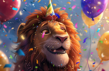 Poster - A lion with a party hat, balloons and confetti around