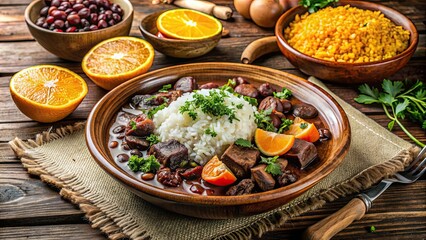 Wall Mural - Traditional Brazilian feijoada dish with dry beef, cabbage, orange, rice, and beans, Brazilian, food, feijoada, dish, traditional