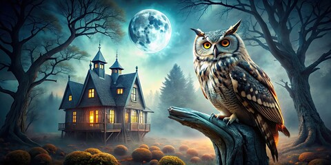 Poster - Mystical Halloween owl perched on tree trunk with haunted house in background, owl, tree trunk, mystical, halloween, haunted, house