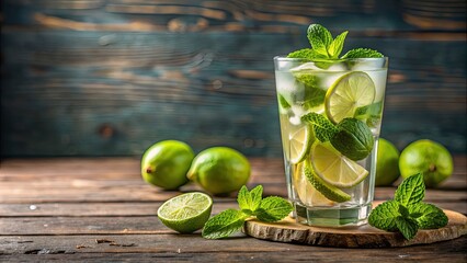 Sticker - Cold and refreshing infused water with lime, mint and ice in glass. Copyspace , infused water, lime, mint, ice, glass