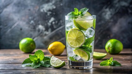 Sticker - Cold and refreshing infused water with lime, mint and ice in glass. Copyspace, infused water, lime, mint, ice, glass, refreshing