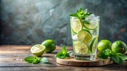 Sticker - Cold and refreshing infused water with lime, mint and ice in glass. Copyspace , infused water, lime, mint, ice, glass, refreshing