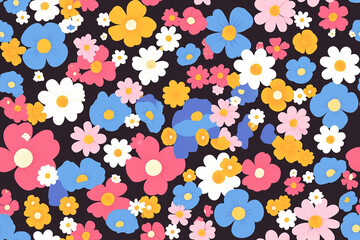 Wall Mural - A seamless pattern of bright, bold flowers in pink, blue, white, and yellow on a black background.