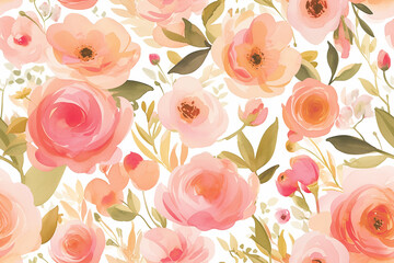 Sticker - A seamless pattern of watercolor-style pink and orange roses on a white background.