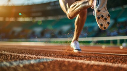 Close-up of Athlete's Foot on a Running Track with Sprinkles of Dust and Blurred Background