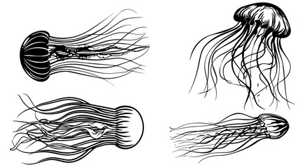 Wall Mural - Hand drawn sketch set of jellyfish 