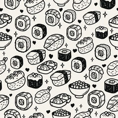 Poster - Vector and seamless pattern with Japanese cuisine of fish and rice. Sushi pattern black and white. Seamless background sushi.