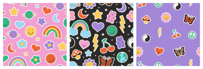 Wall Mural - fun retro cartoon sticker seamless pattern set. trendy 90s doodle icon background with flower, happy