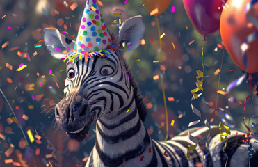 Wall Mural - zebra wearing party hat, surrounded balloons and confetti