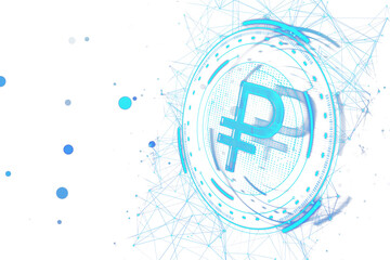 Poster - A digital cryptocurrency symbol on a dynamic, abstract network background, conveying a concept of digital finance and technology. 3D Rendering