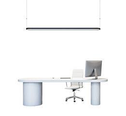 Leinwandbilder - Modern office desk with chair and monitor, clean minimalistic design, isolated on white background, concept of workspace. 3D Rendering