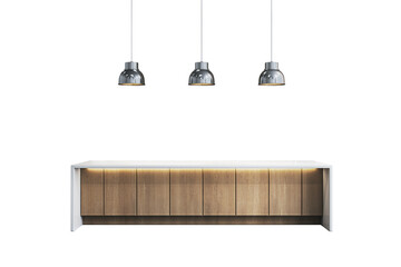 Aufkleber - Modern pendant lights over a wooden cabinet, minimalist style, white background, concept of interior design. 3D Rendering