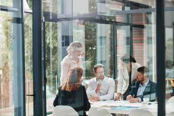 Aufkleber - Window, business people or planning in meeting for paperwork, teamwork or collaboration together. Shareholders, investor or executive director speaking in discussion for feedback, review or project
