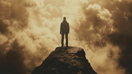 Wall Mural - An individual standing tall against a backdrop of adversity, showcasing the message of never giving up and fighting through difficulties. copy space for text, focus cover all aspects, deep depth of