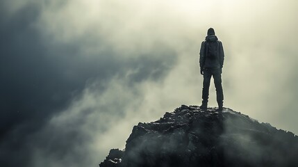 Wall Mural - An individual standing tall against a backdrop of adversity, showcasing the message of never giving up and fighting through difficulties. copy space for text, focus cover all aspects, deep depth of