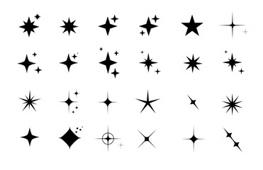 Sticker - Minimalist silhouette Star icons, star shape vector set. Abstract y2k sparkles. Twinkling stars, abstract sparkle black silhouettes symbol shining burst. Vector