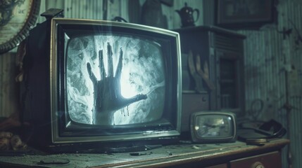 Ghost hand on vintage TV screen in haunted house, abandoned house, horror