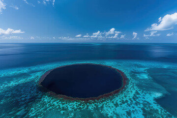 A large, dark sinkhole in the middle of a blue ocean.