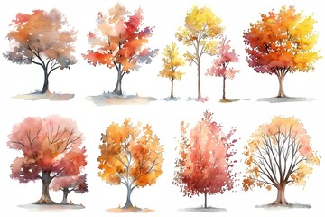 Wall Mural - A set of watercolor trees with leaves of different colors. The trees are arranged in a row, with some trees being taller than others. The colors of the leaves vary from bright orange to deep red