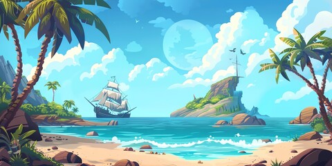 Wall Mural - A tropical island with a large ship sailing in the distance. The sky is blue and the ocean is calm