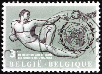 Wall Mural - Postage stamp Belgium 1962 Adam, by Michelangelo, broken chain and UN emblem, UN Declaration of Human Rights