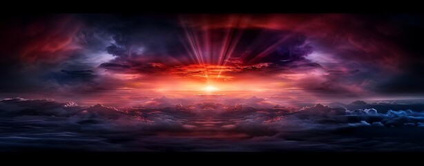 Wall Mural - Design a vibrant sunrise breaking through dark clouds, symbolizing hope, new beginnings, and the power of perseverance in difficult times.