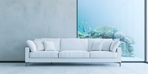 Sticker - Modern Living Room Decor Featuring White Sofa and Large Fish Tank. Concept Home Decor, Living Room, Modern Furniture, White Sofa, Fish Tank