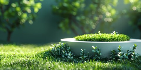 Wall Mural - A small green mound of grass sits on a concrete slab in a lush green field. The scene is peaceful and serene, with the grass and concrete contrasting against the natural environment