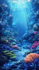 Wall Mural - Underwater Coral Reef Scene. A stunning underwater view of a coral reef, illuminated by sunlight filtering through the water, featuring various colorful corals and marine life.