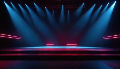 Poster - light background with blue and purple spotlight illuminated the stage with smoke. Empty stage for show with backdrop decoration.