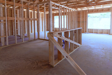 Canvas Print - During construction of new house, timber frame framing beams is seen