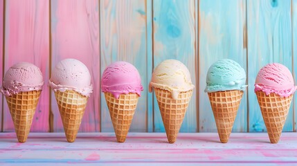 Assorted ice cream waffle cones in a row colorful different flavorcon pink and blue wooden wall