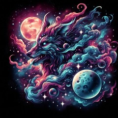 Wall Mural - Explore the celestial wonder of Orion the Hunter, depicted in deep space with the moon, smoke effects, sparkles, and glitter. This tattoo-style artwork features a vibrant explosion of colors, capturin