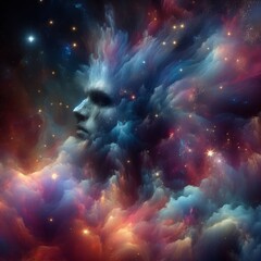 Wall Mural - Discover the ethereal beauty of Orion the Hunter, captured in a mesmerizing celestial scene. This image features vivid colors, smoke effects, sparkles, and glitter, creating a ghostly and captivating 