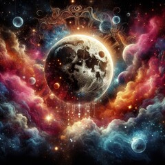 Wall Mural - Discover the mesmerizing beauty of deep space with this stunning image featuring the moon and solar system. Enhanced with smoke effects, sparkles, glitter, and a vibrant array of colors, this tattoo-i