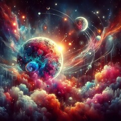 Wall Mural - Discover the mesmerizing beauty of deep space with this stunning image featuring the moon and solar system. Enhanced with smoke effects, sparkles, glitter, and a vibrant array of colors, this tattoo-i