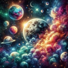 Wall Mural - Discover the mesmerizing beauty of deep space with this stunning image featuring the moon and solar system. Enhanced with smoke effects, sparkles, glitter, and a vibrant array of colors, this tattoo-i
