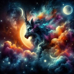 Wall Mural - Explore the celestial wonder of Orion the Hunter, depicted in deep space with the moon, smoke effects, sparkles, and glitter. This tattoo-style artwork features a vibrant explosion of colors, capturin