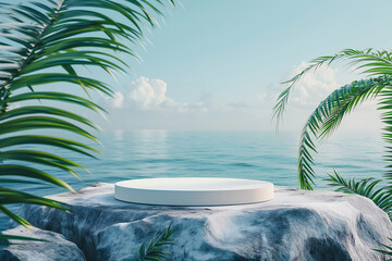 white round podium on a stone rock with blue sea background for summer product presentation mockup