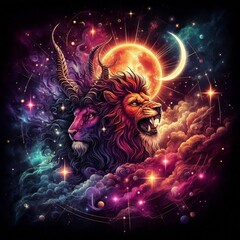Wall Mural - Explore the celestial wonder of Orion the Hunter, depicted in deep space with the moon, smoke effects, sparkles, and glitter. This tattoo-style artwork features a vibrant explosion of colors, capturin