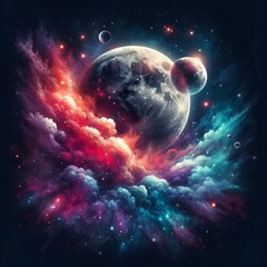 Wall Mural - Discover the mesmerizing beauty of deep space with this stunning image featuring the moon and solar system. Enhanced with smoke effects, sparkles, glitter, and a vibrant array of colors, this tattoo-i