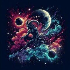 Wall Mural - Explore the celestial wonder of Orion the Hunter, depicted in deep space with the moon, smoke effects, sparkles, and glitter. This tattoo-style artwork features a vibrant explosion of colors, capturin